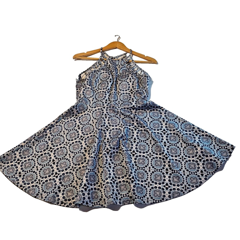 Papaya Womens Blue Floral Fit & Flare Mini Dress Halter Open Back Size M 1-00450